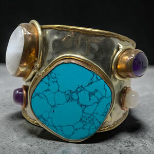 Vintage Artisan Natural Stone Chunky Wide Cuff Bracelet Art to Wear Statement